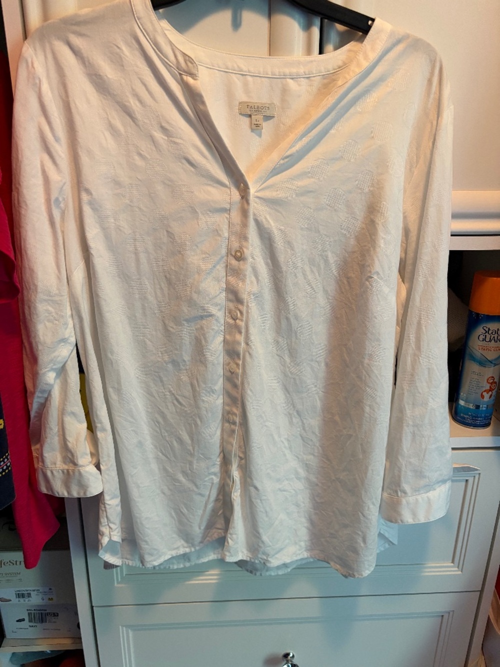 Talbots Large Petite 3/4 tie sleeve white button down shirt blouse design